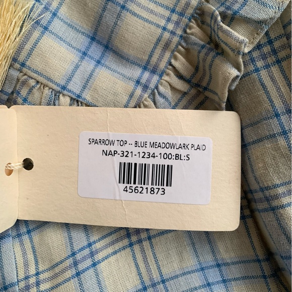 NWT Doen Sparrow Ramie Ruffle Collar Button Crop Top Meadowlark Plaid Blue - Picture 8 of 12